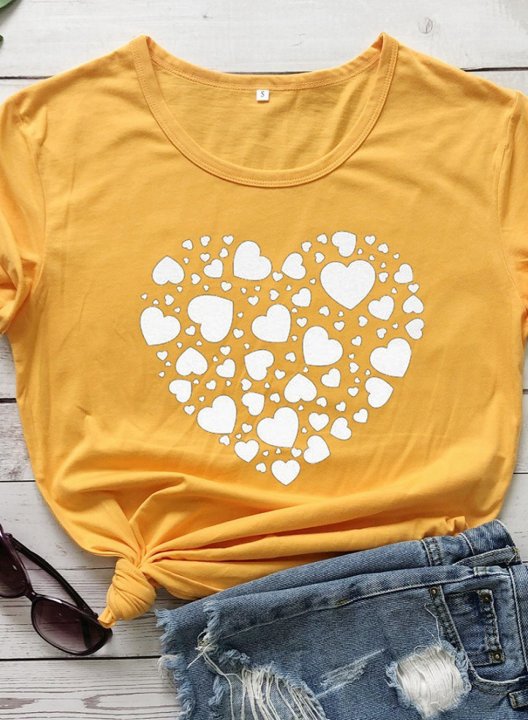 Women's Cute T-shirts Solid Heart Print Short Sleeve Round Neck Casual T-shirt