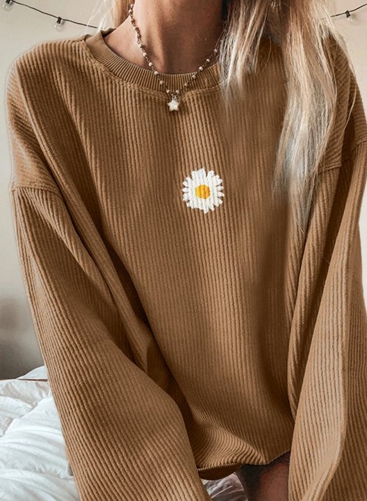 Solid Round Neck Little Daisy Long Sleeve Sweatshirt