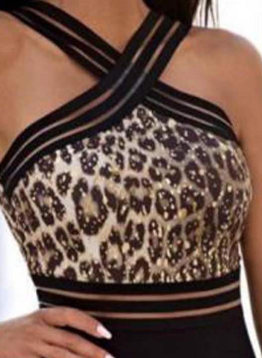 Women's One Piece Swimwear Color Block Leopard Mesh One-shoulder One-Piece Swimsuit