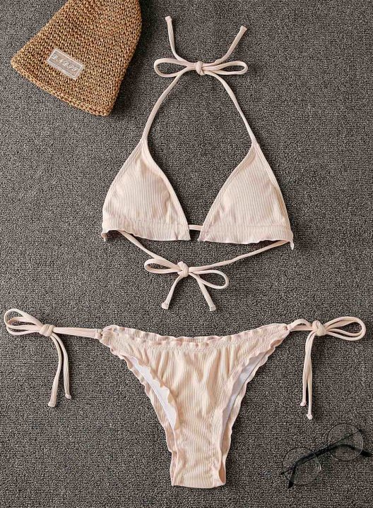 Women's Bikinis Solid Halter Padded Ruffle Beach Vacation Bikini Bathing Suits