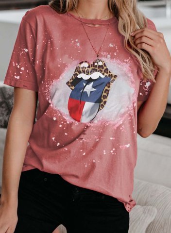 Women's T-shirts Color-block Flag Letter Print Short Sleeve Round Neck Daily T-shirt
