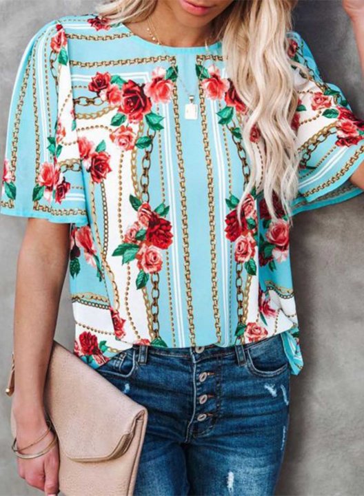 Women's Blouses Floral Short Sleeve Round Neck Daily Blouse