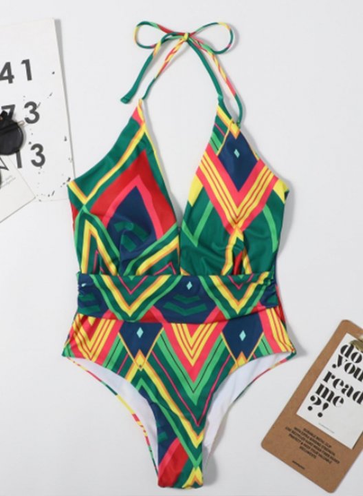 Women's One Piece Swimwear Geometric V Neck Vacation One-Piece Swimsuits One-Piece Bathing Suits