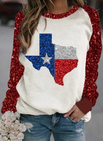 Women's Sweatshirts Sequin Texas Flag Texas Festival Long Sleeve Round Neck Sweatshirt