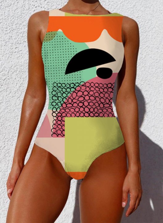 Women's One Piece Swimwear Geometric Round Neck Vintage Sporty One-Piece Swimsuits One-Piece Bathing Suits