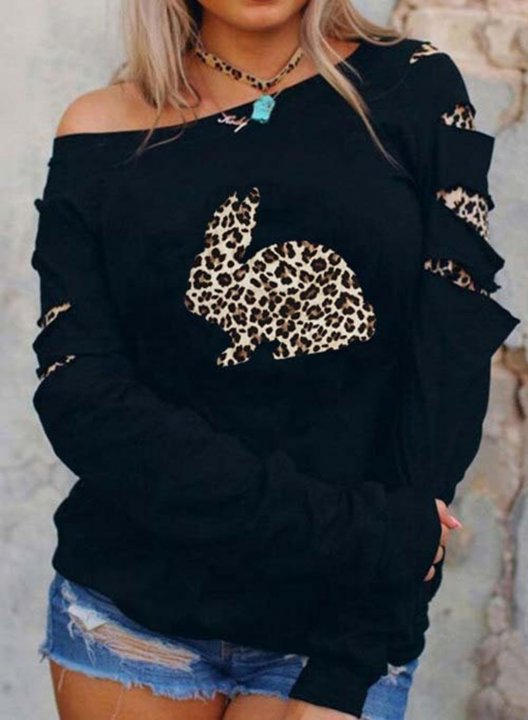 Women's Pullovers Animal Print Long Sleeve Cold Shoulder Pullover