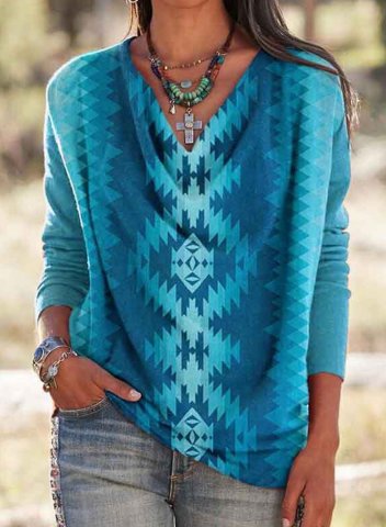 Women's Pullovers Color Block Tribal Letter Long Sleeve V Neck Tunic Pullover