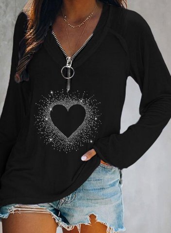 Women's Heart Print Zip Sweatshirt Long Sleeve V Neck Daily Rhinestones Tunic Tops