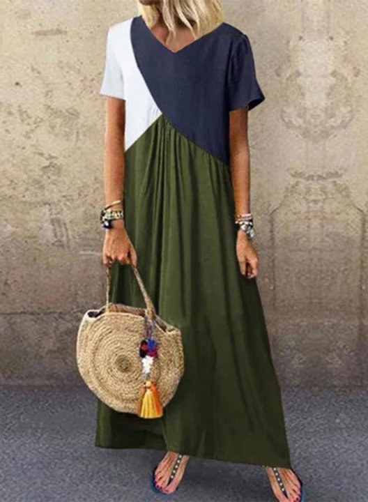 Women's Maxi Dresses Color Block Short Sleeve A-line V Neck Casual Daily Maxi Dress