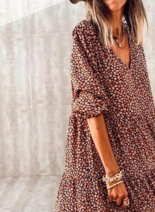 Women's Maxi Dresses Floral Long Sleeve A-line V Neck Vacation Boho Maxi Dress