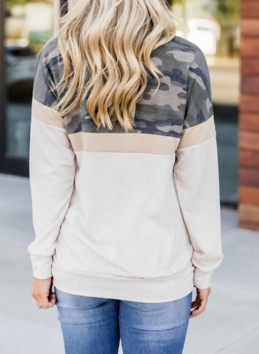 Camouflage/Color Block Long Sleeve Round Neck Basic Sweatshirt