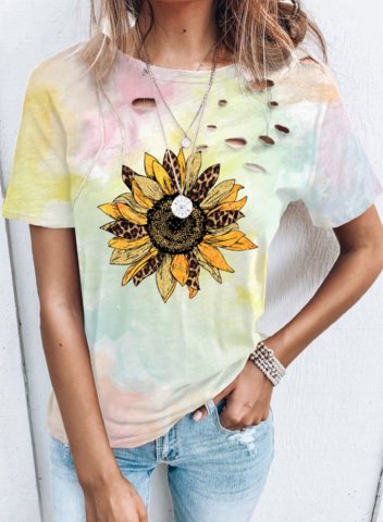 Women's T-shirts Tiedye Floral Print Short Sleeve Round Neck Cut-out Daily T-shirt