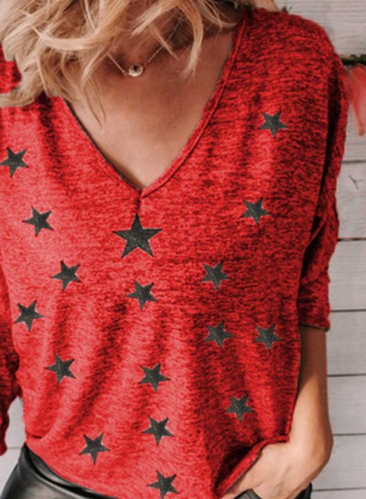 Women's T-shirts Star Print Long Sleeve V Neck Daily T-shirt