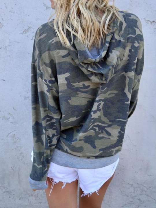 Camouflage Patchwork Long Sleeve Casual Hoodie For Women