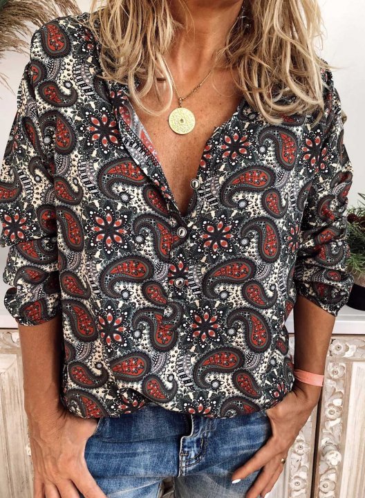 Women's Vintage Style Bohemian Floral Print Blouses Long Sleeve V Neck Casual Button Blouse