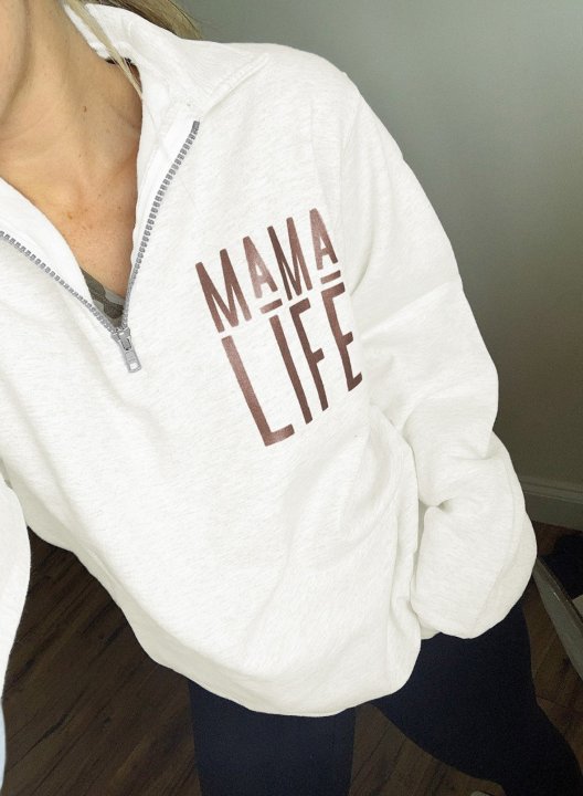 Solid Long Sleeve Letter V Neck Zip Front Sweatshirt