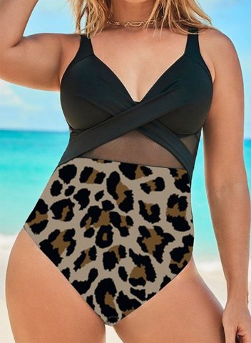 Women's One Piece Swimwear Solid Leopard Mesh Cut Out Plus Size One-Piece Swimsuits One-Piece Bathing Suits
