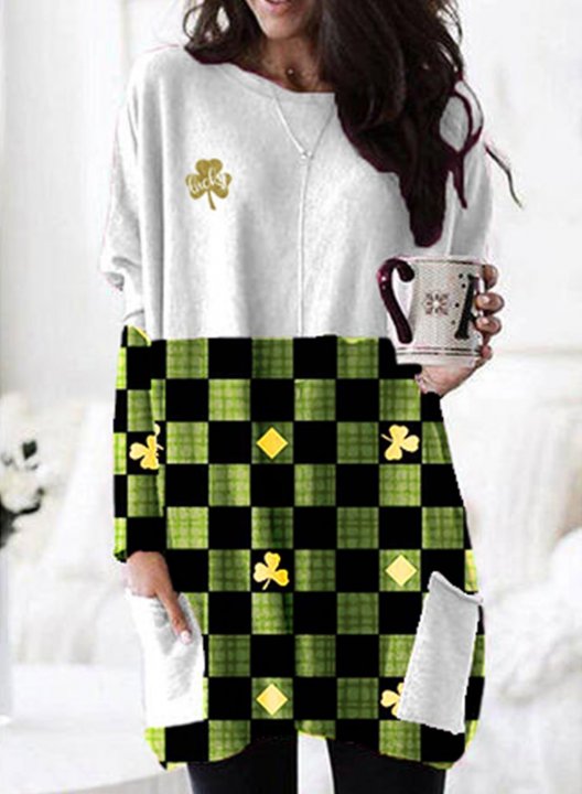 Women's St Patrick's Day Tunic Tops Plaid Shamrock Round Neck Long Sleeve Pocket Casual Daily Tunics