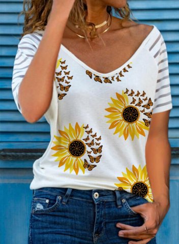 Women's T-shirts Floral Butterfly Print Short Sleeve V Neck Casual Daily T-shirts