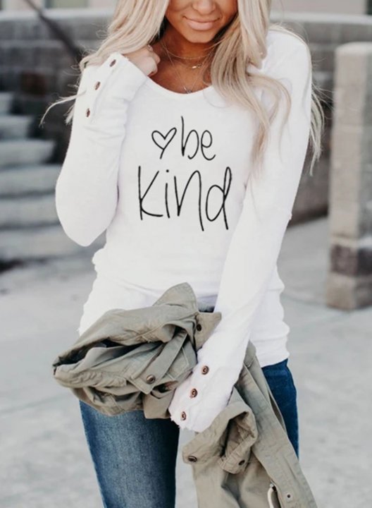 Solid Letter Be Kind Round Neck Long Sleeve Button Sweatshirt