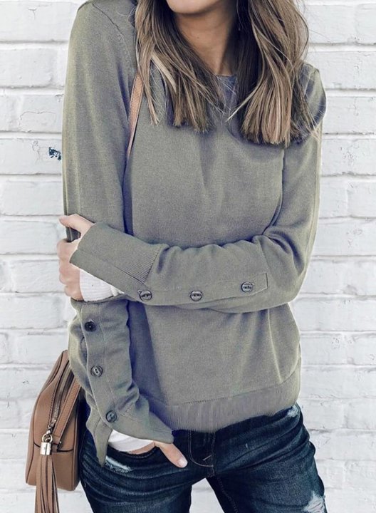 Solid Round Neck Long Sleeve Button Sweatshirt