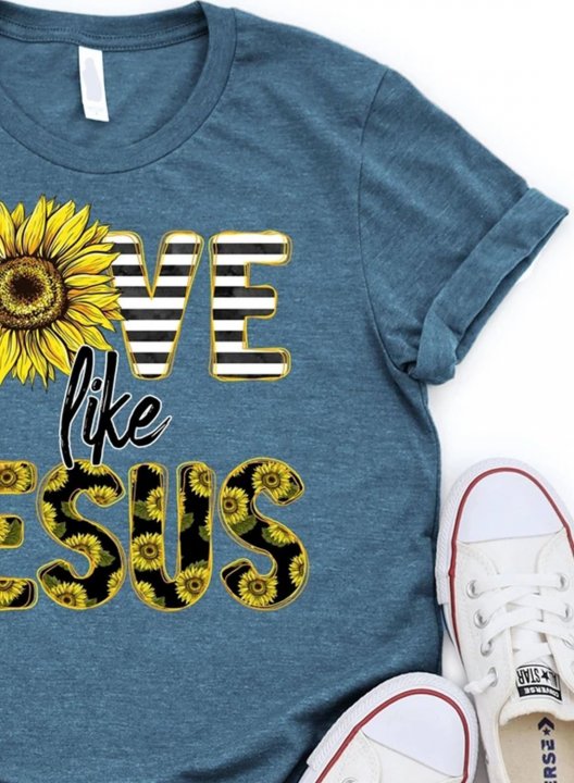 Women's T-shirts Sunflower Letter Print Short Sleeve Round Neck Daily T-shirt