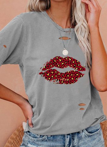 Women's Graphic T-shirts Color Block Leopard Lips Short Sleeve Round Neck Casual T-shirt