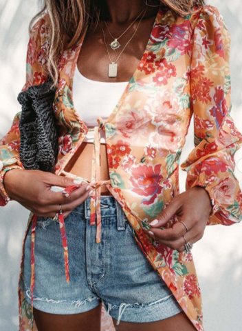 Women's Sun-proof Cover-ups Floral V Neck Long Sleeve Open Front Vacation Knot Boho Beach Casual Cover-ups