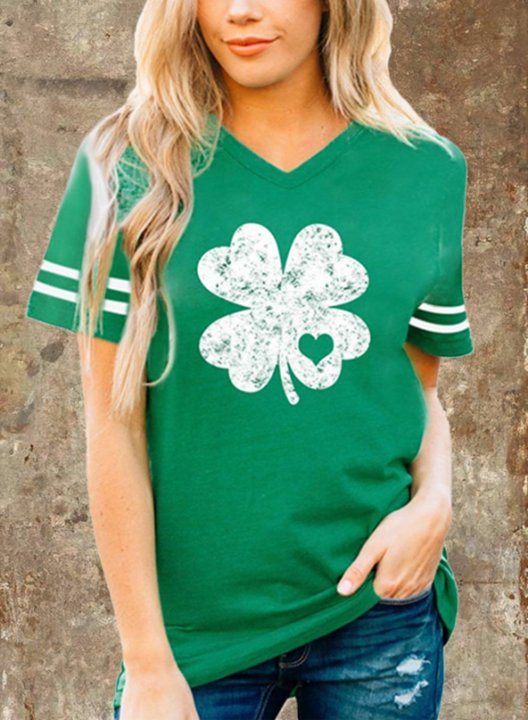 Women's T-shirts Clover Print Short Sleeve V Neck Daily T-shirt