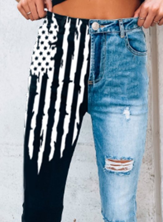 Women's Ripped Jeans Slim Striped American Flag Star Zip Button Mid Waist Full Length Casual Daily Ripped Jeans
