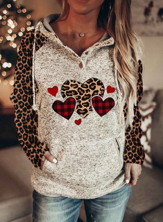 Women's Hoodies Drawstring Long Sleeve Button Leopard Love-shaped Casual Hoodies With Pockets