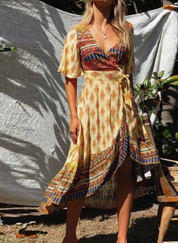 Women's Midi Dresses Tribal Short Sleeve Criss Cross V Neck Party Vacation Date Boho Vintage Midi Dress