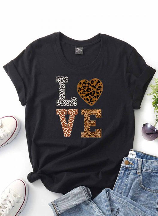 Women's T-shirts Solid Leopard Letter Short Sleeve Round Neck Daily T-shirt