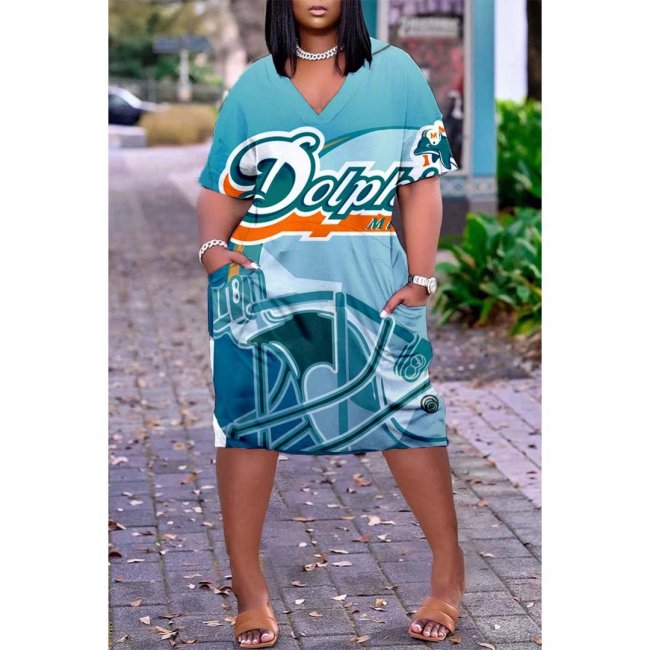 Miami Dolphins Print Fashion Casual V Neck Short Sleeve Dress
