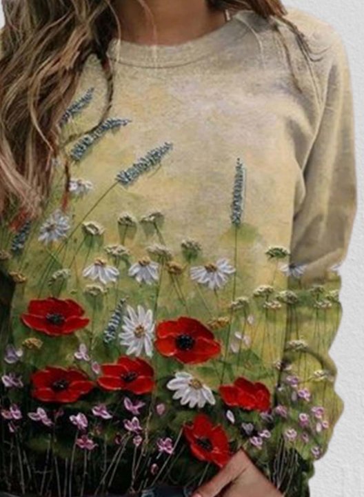 Women's Sweatshirt Floral Painting Long Sleeve Round Neck Casual Pullovers