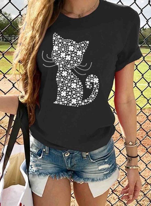 Women's St Patrick's Day T-shirts Cat Print Short Sleeve Round Neck Daily T-shirt