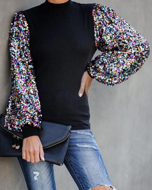 Mock Neck Lantern Sleeve Sequins Colorblock Insert Blouse