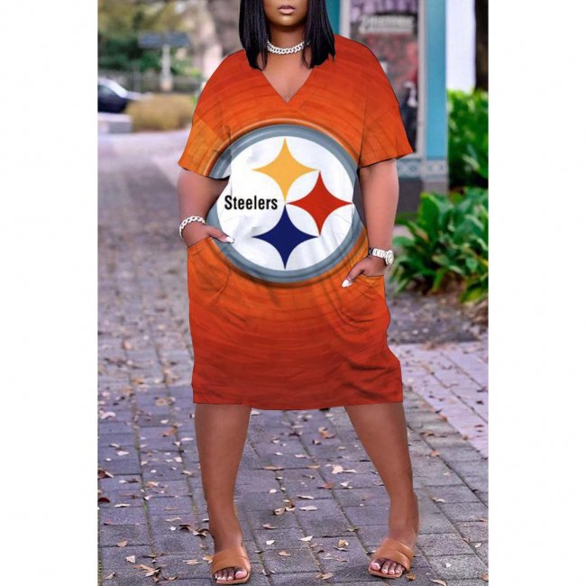 Pittsburgh Steelers Print Fashion Casual V Neck Short Sleeve Dress