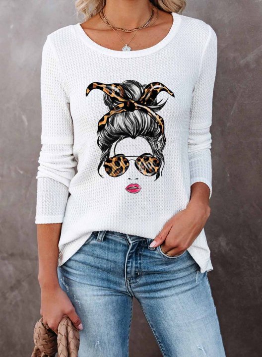 Women's T-shirts Portrait Print Long Sleeve Round Neck Daily T-shirt