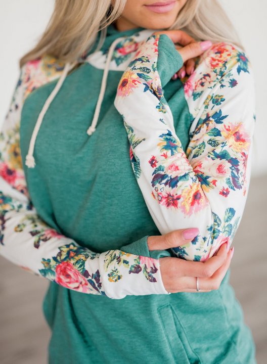 Women's Cowl Neck Hooded Floral Pocketed Sweatshirt