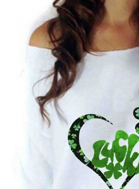 Women's St Patrick's Day Shamrock Print T-shirts Letter Long Sleeve Off Shoulder Casual T-shirt