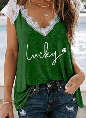 Women's Lucky Shamrock Print T-Shirt Lace Letter Short Sleeve V Neck Daily Casual Tops