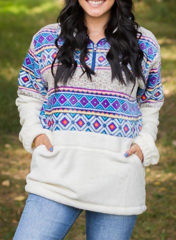 Women's Sweatshirts High Neck Long Sleeve Color Block Tribal Sweatshirts