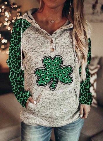 Women's St Patricks Day Hoodies Casual Clover Print Leopard Color Block Button Drawstring Long Sleeve Pocket Hoodies