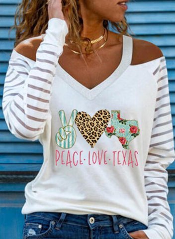 Women's Peace Love Texas Sweatshirt Solid Heart Leopard Long Sleeve V Neck Cut-out T-shirt