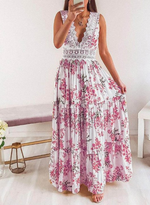 Women's Maxi Dresses Floral Color Block Sleeveless Lace V Neck Vacation Maxi Dress