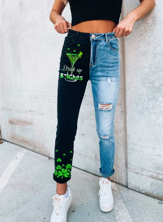 Women's St Patrick's Day Jeans Straight Drink up Bitches Shamrock Print Mid Waist Full Length Casual Jeans