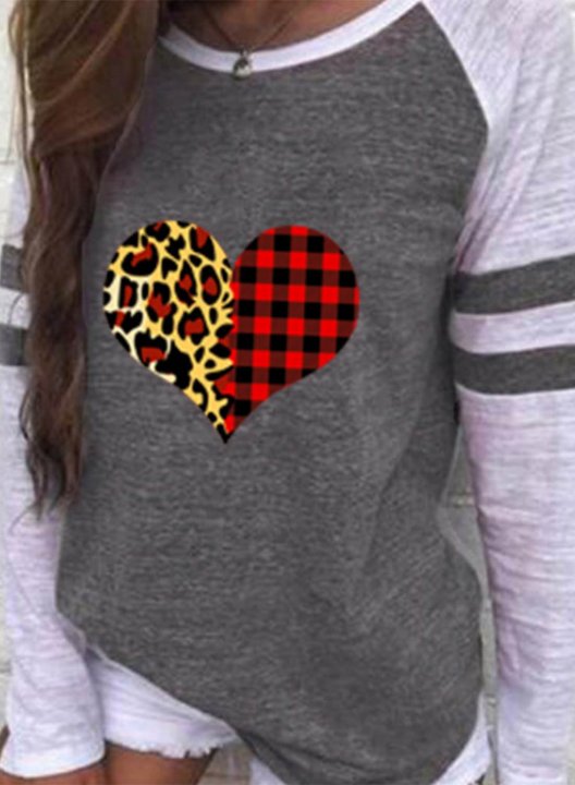 Women's T-shirts Striped Leopard Color Block Heart-shaped Print Long Sleeve Round Neck Daily T-shirt