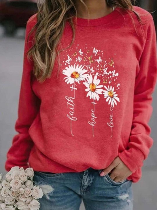 Women's Sweatshirt Daisy Butterfly Faith Hope Love Print Sweatshirt