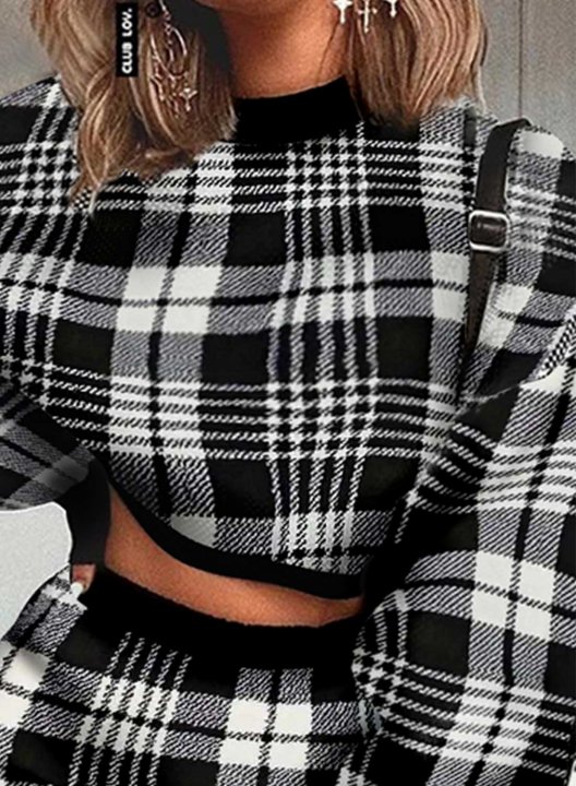 Women's Dress Two Piece Plaid Cropped Slim Round Neck Long Sleeve Party Daily Mini Dress